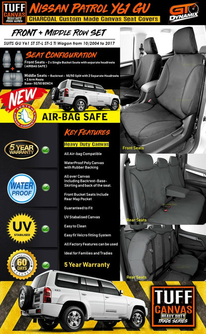 TUFF HD TRADE Canvas Seat Covers 2 Rows For Nissan Patrol GU Y61 ST ST-L Ti Set 10/2004-2017 Charcoal