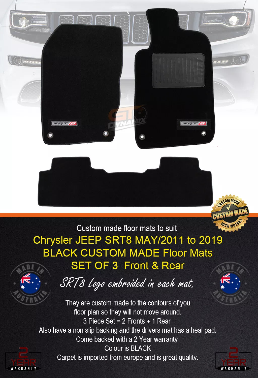Custom Made Floor Mats 2 Rows JEEP GRAND CHEROKEE SRT8 WK2 5/2011-2025 Black with SRT-8 LOGO