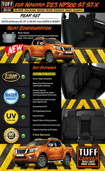 TUFF HD TRADE Canvas Seat Covers Rear For Nissan Navara D23 NP300 ST ST-X 3/2015-10/2017 Black