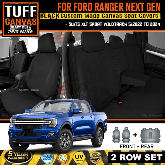 TUFF HD TRADE Canvas Seat Covers 2 Rows For Ford NEXT GEN Ranger XLT WILDTRACK 2022-2024 Black