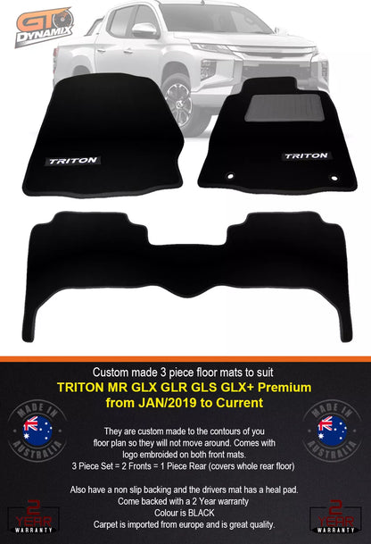 Custom Made Floor Mats 2 Rows Mitsubishi Triton MR GLX GLS GLR Premium 2019-2024 BLACK
