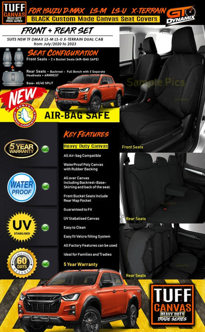 Tuff HD TRADE Canvas Seat Covers 2 Row + Dash Mat For Isuzu DMAX TF W/LID 2020-2024 DM1589 Black