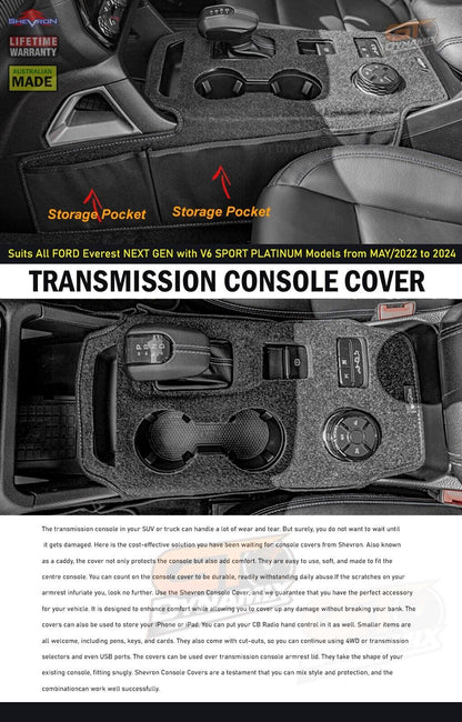 Shevron Transmission Console Cover + Blue Stitching For Ford Everest Next Gen Ambiente Trend Sport Platinum 6/2022-2024