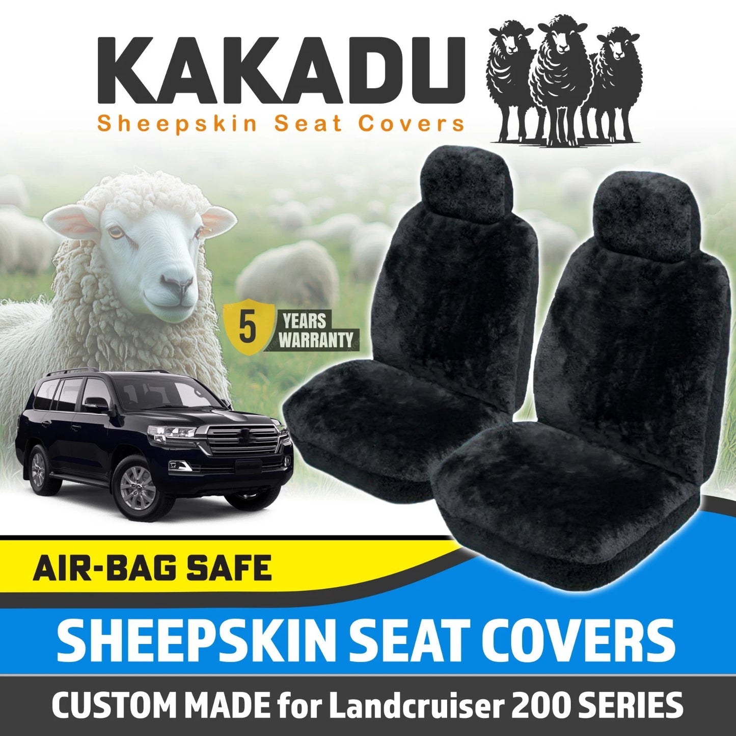 Black Custom KAKADU Sheepskin Seat Covers for Toyota Landcruiser 200 SERIES GX GXL VX 2007-2021