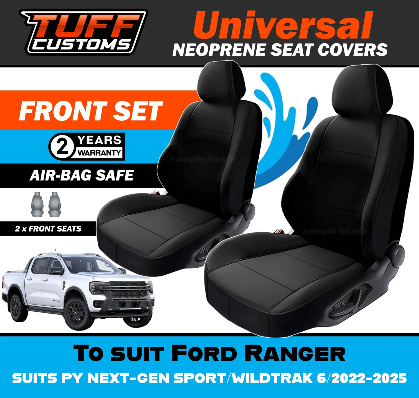 TUFF Customs Universal Neoprene Seat Covers Ford Ranger PY NEXT-GEN SPORT/WILDTRAK 6/2022-2025