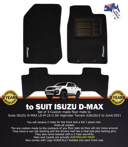 Custom Made Floor Mats 2 Rows Isuzu D-MAX LS-U LS-M DMAX SX 6/2012-6/2020 BLACK