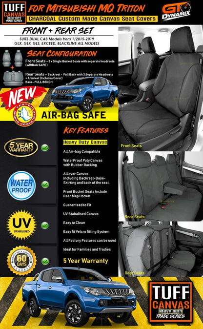 TUFF HD TRADE Canvas Seat Covers 2 Row For Mitsubishi Triton MQ Dual Cab GLS GLX 2015-19 CHARCOAL