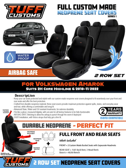 TUFF Customs S1 Neoprene Seat Covers 2 Rows For Volkswagen Amarok 2H Core Highline 6/2010-11/2022