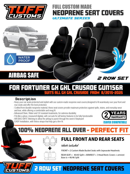 TUFF Customs Neoprene Seat Covers For Toyota Fortuner GX GXL CRUSADE 6/2021-2025 2 Rows Black