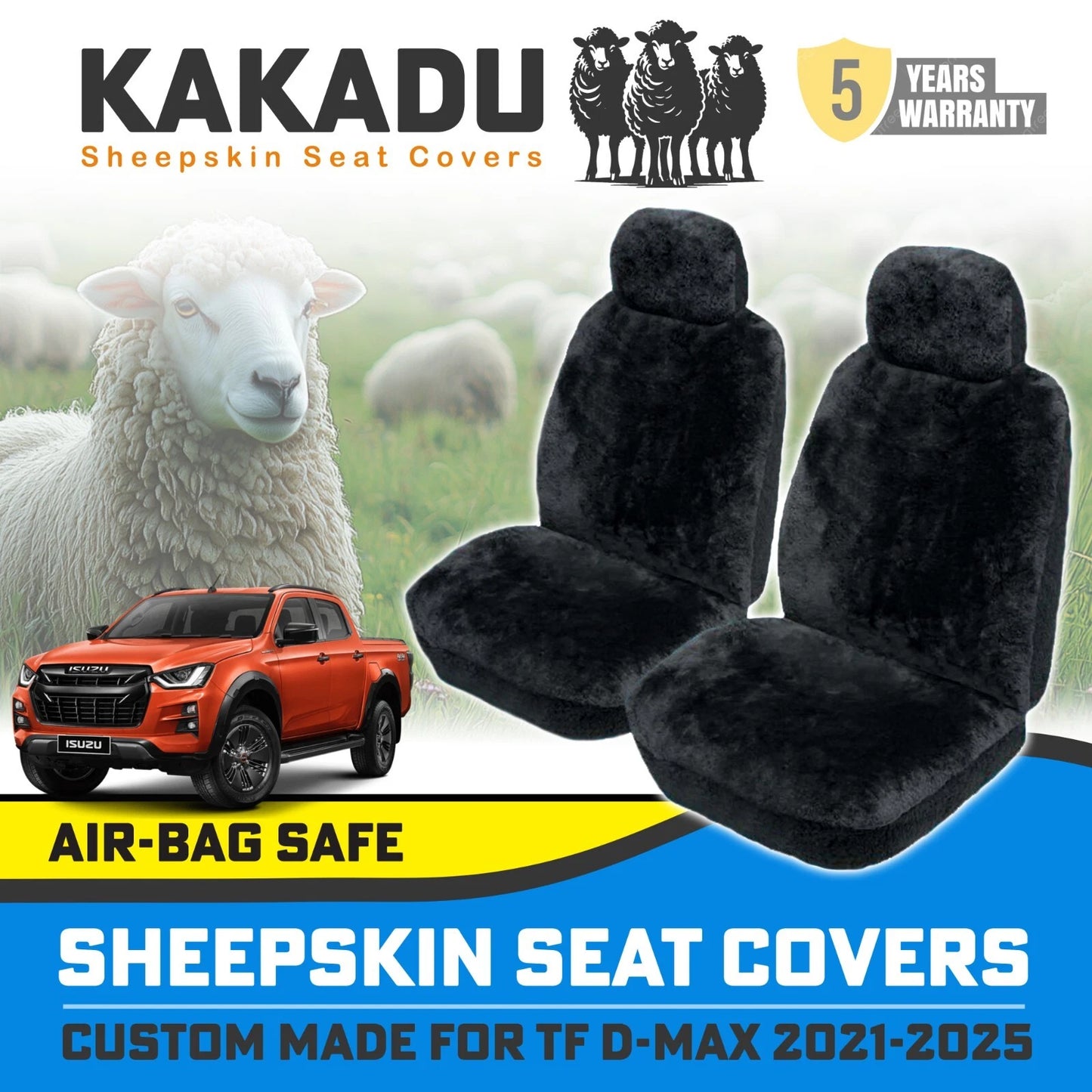Black Custom KAKADU Sheepskin Seat Covers for Isuzu TF D-MAX LS-U LS-M 6/2021-2025