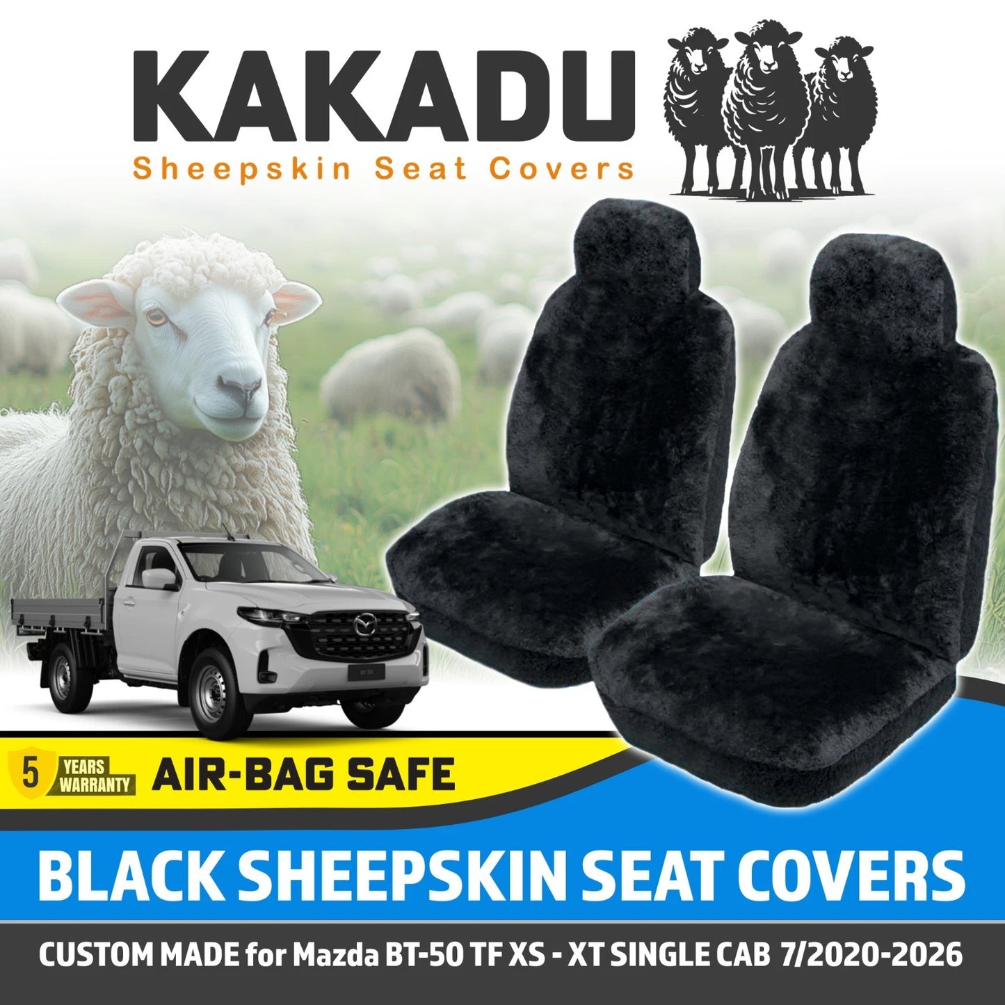 BLACK Custom KAKADU Sheepskin Seat Covers Mazda BT-50 TF XS XT Single Cab 7/2020-2026