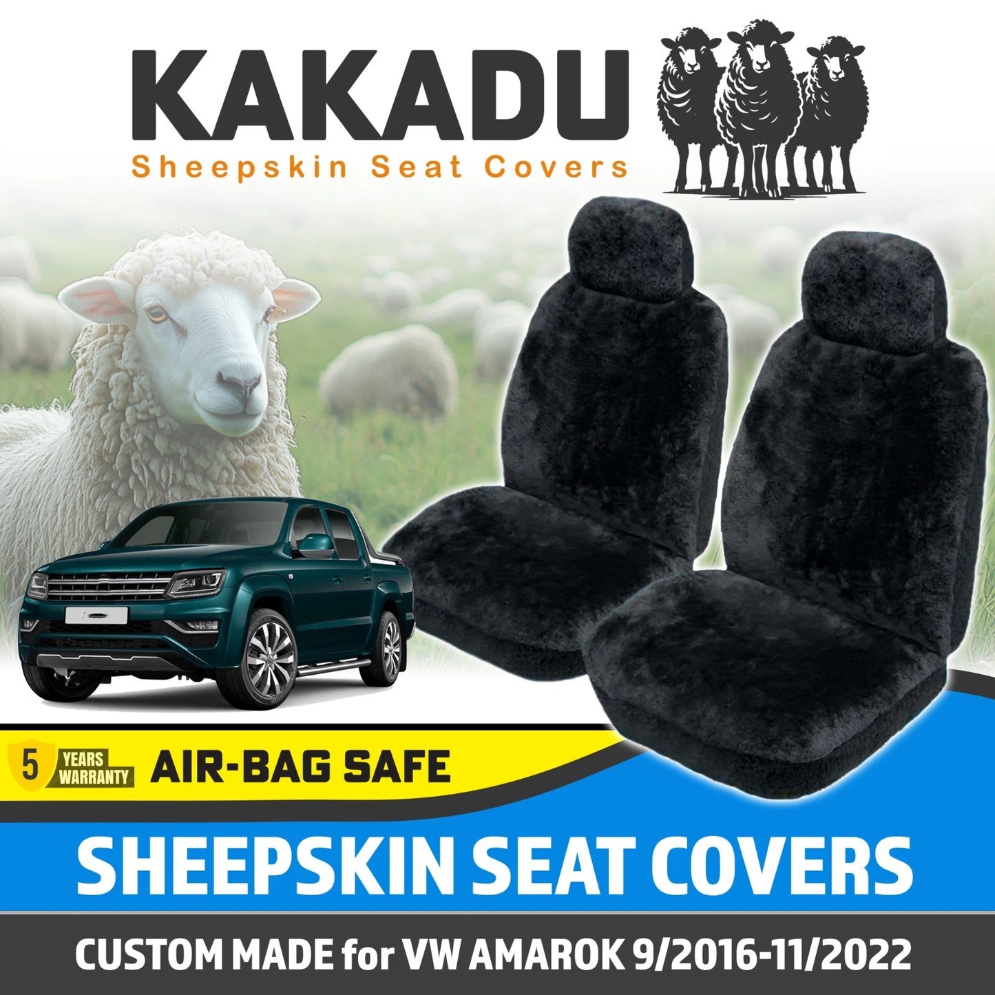 Black Custom KAKADU Sheepskin Seat Covers for VW AMAROK 2H 9/2016-12/2022