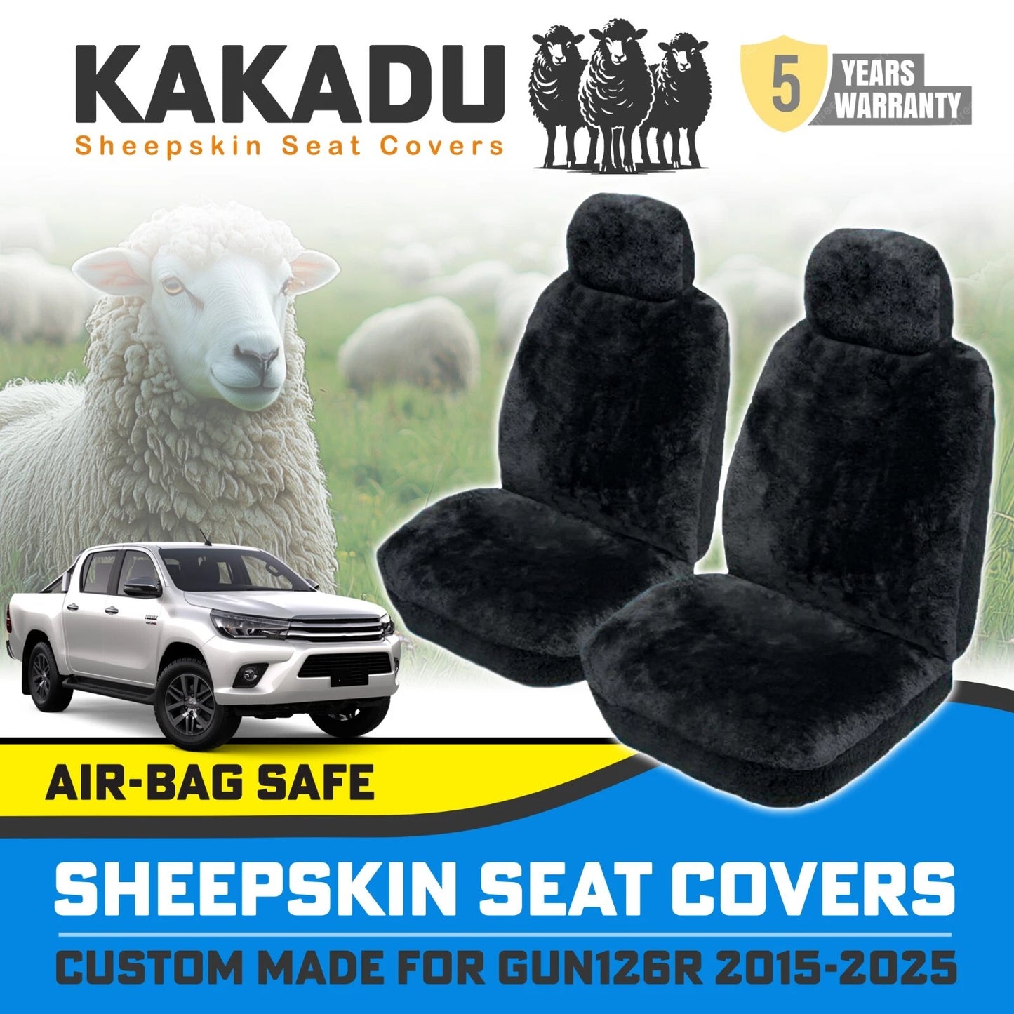 BLACK Custom KAKADU Sheepskin Seat Covers for Toyota HILUX SR SR5 RUGGED 2015-2025