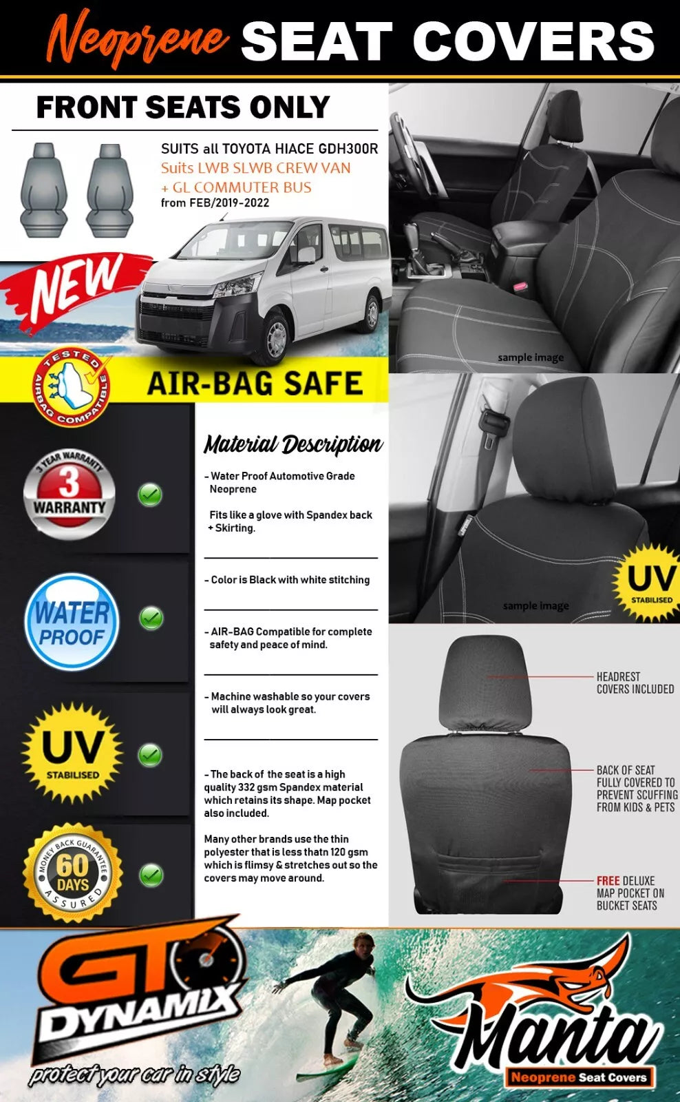 Manta Neoprene Front Seat Covers For Toyota Hiace CREW VAN SLWB LWB 2/2019-2025