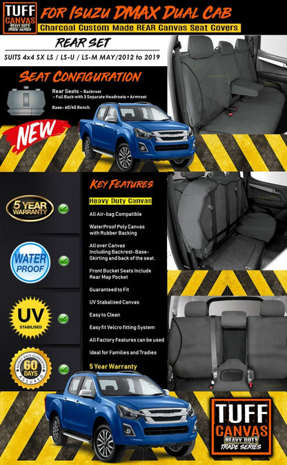 TUFF HD TRADE Canvas Seat Covers Rear For Isuzu D-MAX DMAX Dual Cab SX LX 5/2012-6/2021 Charcoal