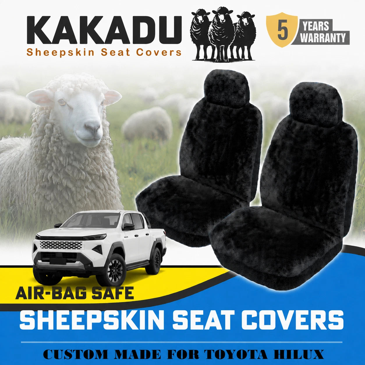 Black Custom KAKADU Sheepskin Seat Covers For Toyota Hilux N90 SR5 SR 8/2025-2026 Black