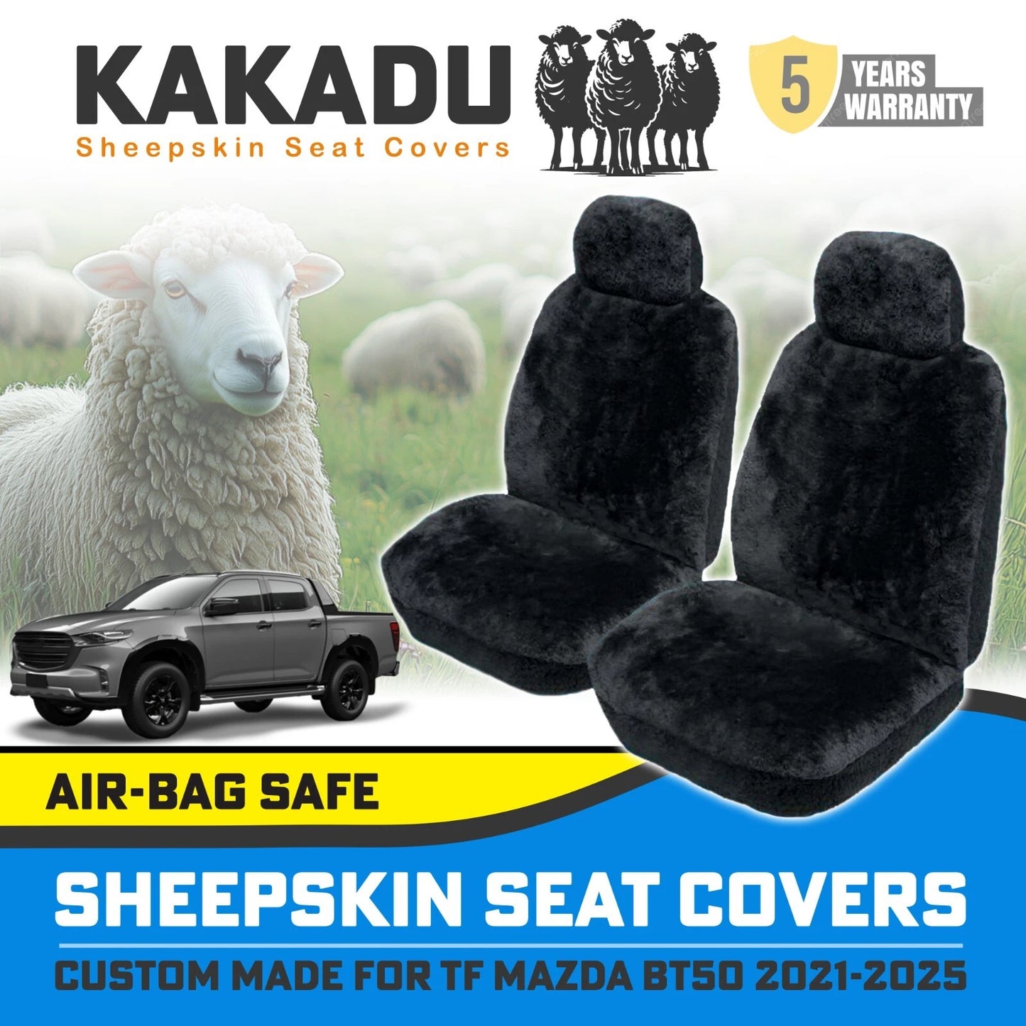BLACK Custom KAKADU Sheepskin Seat Covers Mazda BT-50 TF XTR GT BT50 7/2020-2025