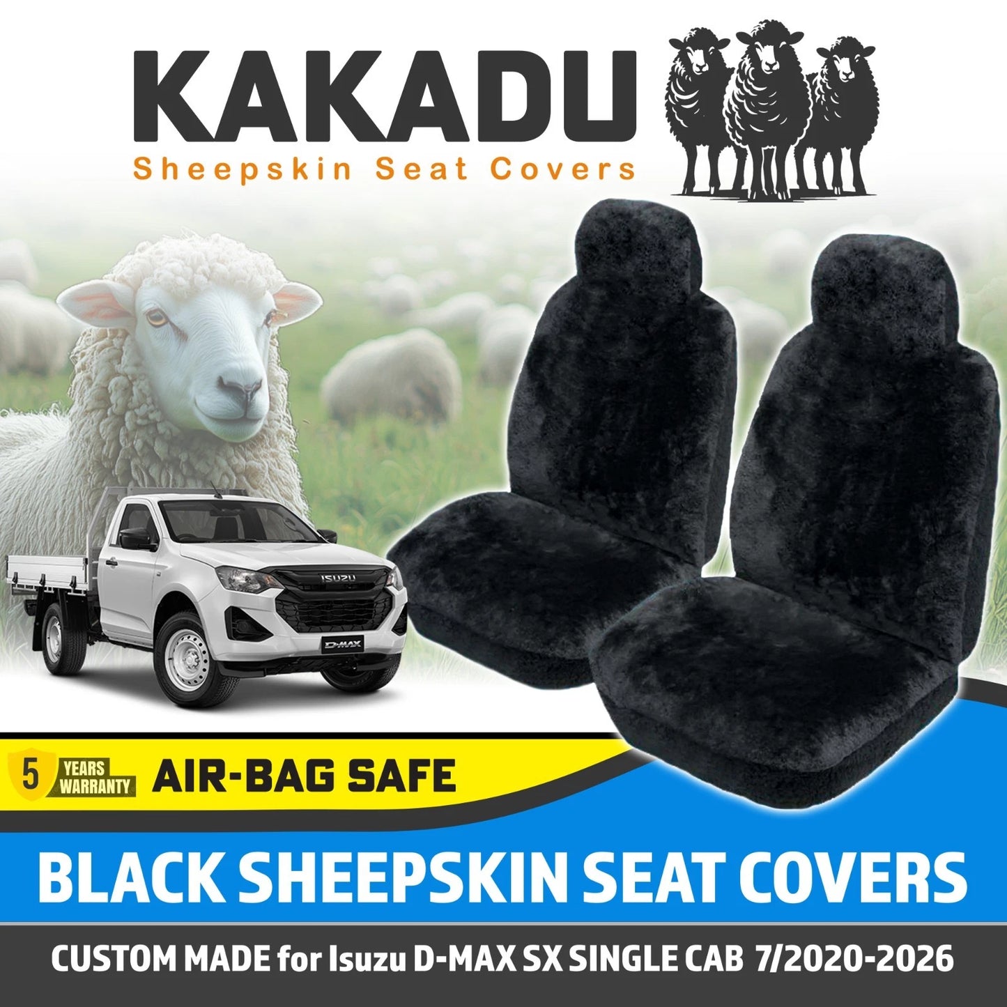 BLACK Custom KAKADU Sheepskin Seat Covers for Isuzu D-MAX TF SX Single Cab 7/2020-2026