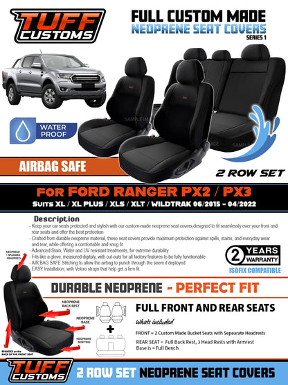 TUFF Customs S1 Neoprene Seat Covers 2 Rows For Ford RANGER PX2 PX3 XLT SPORT Wildtrack 2015-2022