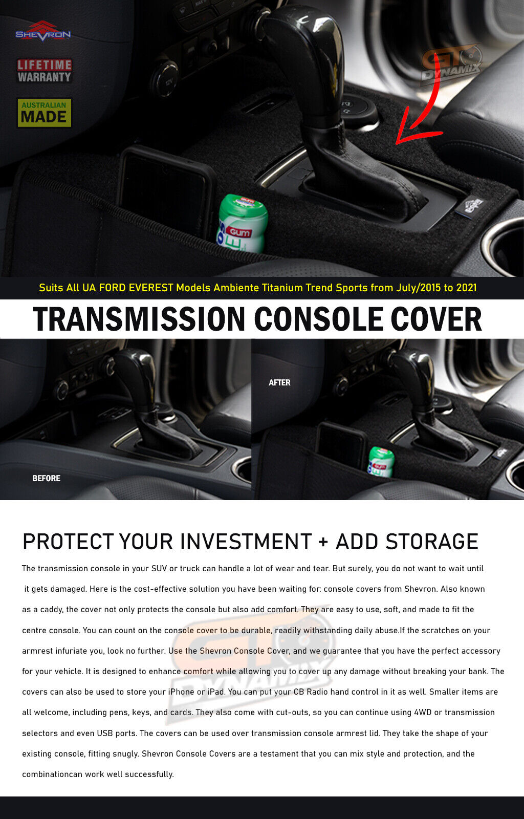 Shevron Transmission Console Cover For Ford Everest UA Auto Titanium Trend 7/2015-5/2022