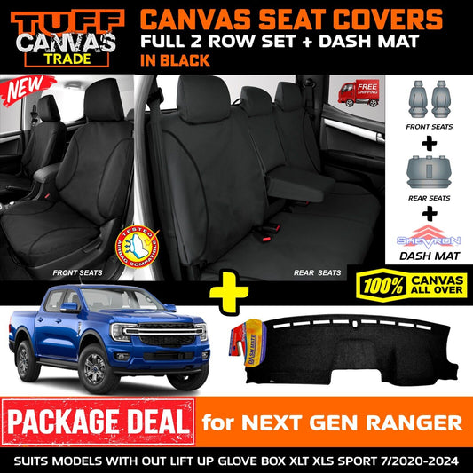 Tuff HD TRADE Canvas Seat Covers 2 Row + Dash Mat For Ford Ranger Next Gen SPORT DM1650 Black