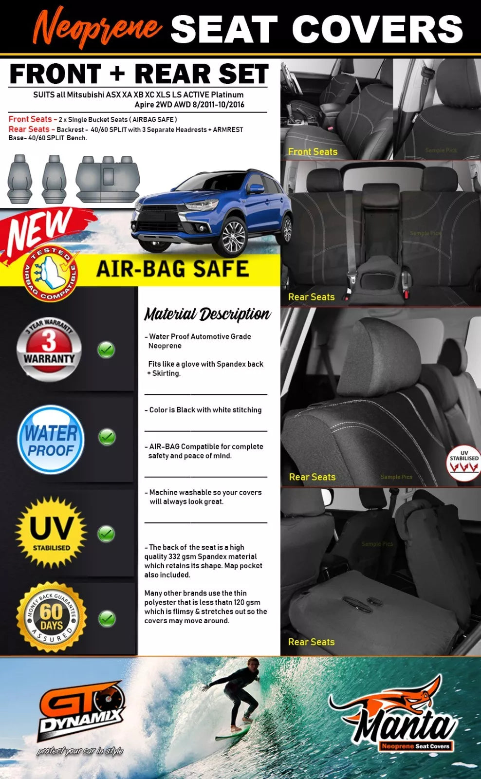 Manta Neoprene 2 Rows Seat Covers For Mitsubishi ASX XA XB XC LS 11/2016-2025