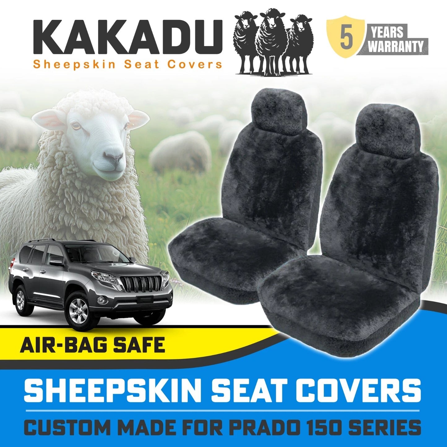 Black Custom KAKADU Sheepskin Seat Covers for Toyota Prado 150 Series GX GXL 2009-5/2021