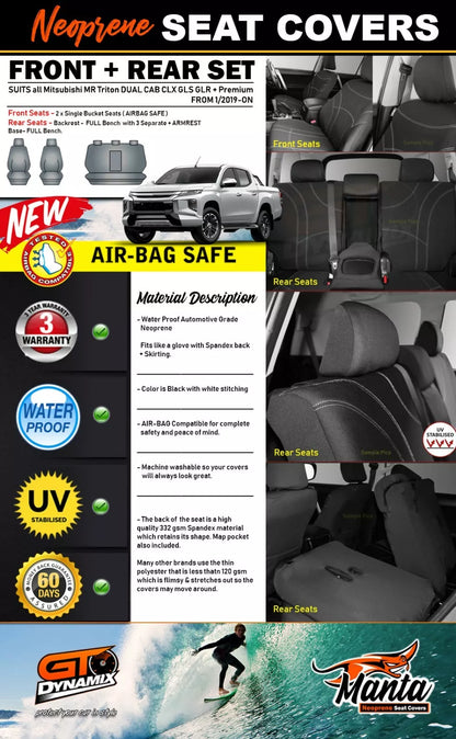 Manta Neoprene 2 Rows Seat Covers For Mitsubishi Triton MR DUAL CAB GLX GLR 2019-2025