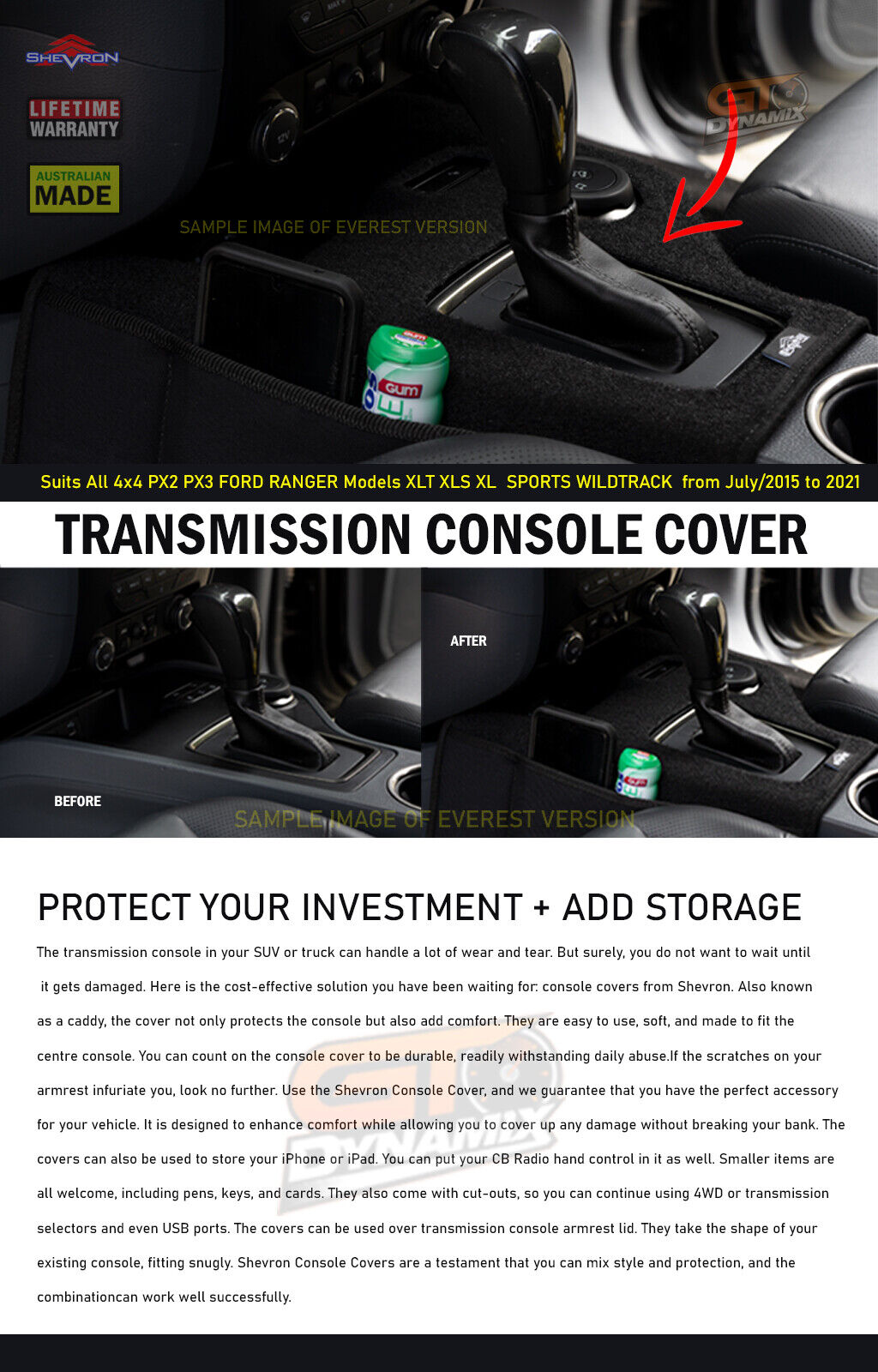 Shevron Transmission Console Cover For Ford Ranger PX2 PX3 4WD 6/2015-4/2022