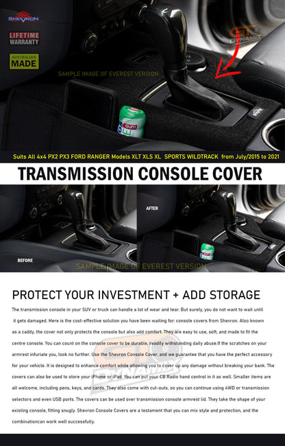 Shevron Transmission Console Cover For Ford Ranger PX2 PX3 4WD 6/2015-4/2022
