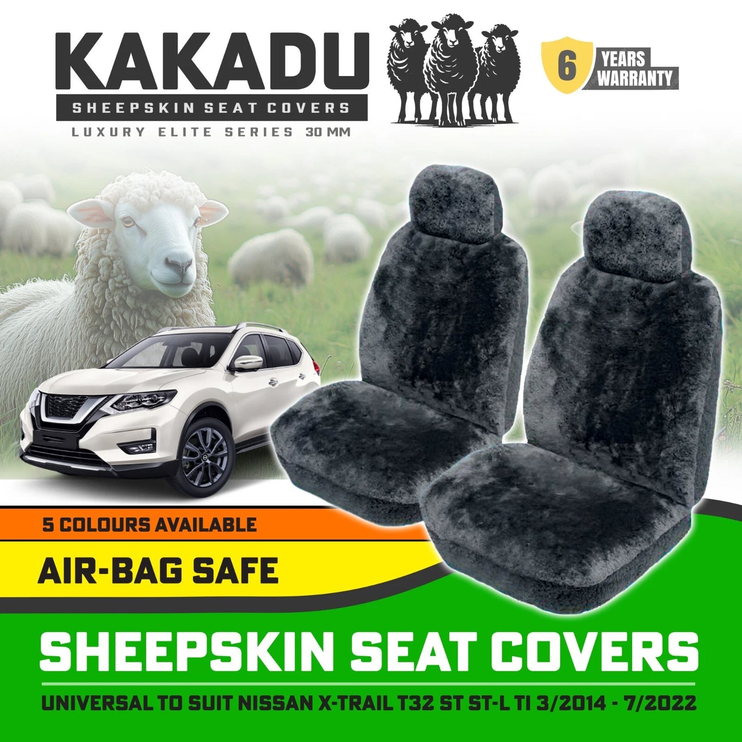 KAKADU Luxury Sheepskin Seat Covers Suits Nissan X-Trail T32 3/2014-7/2022 30mm 5 Colours 6YRW