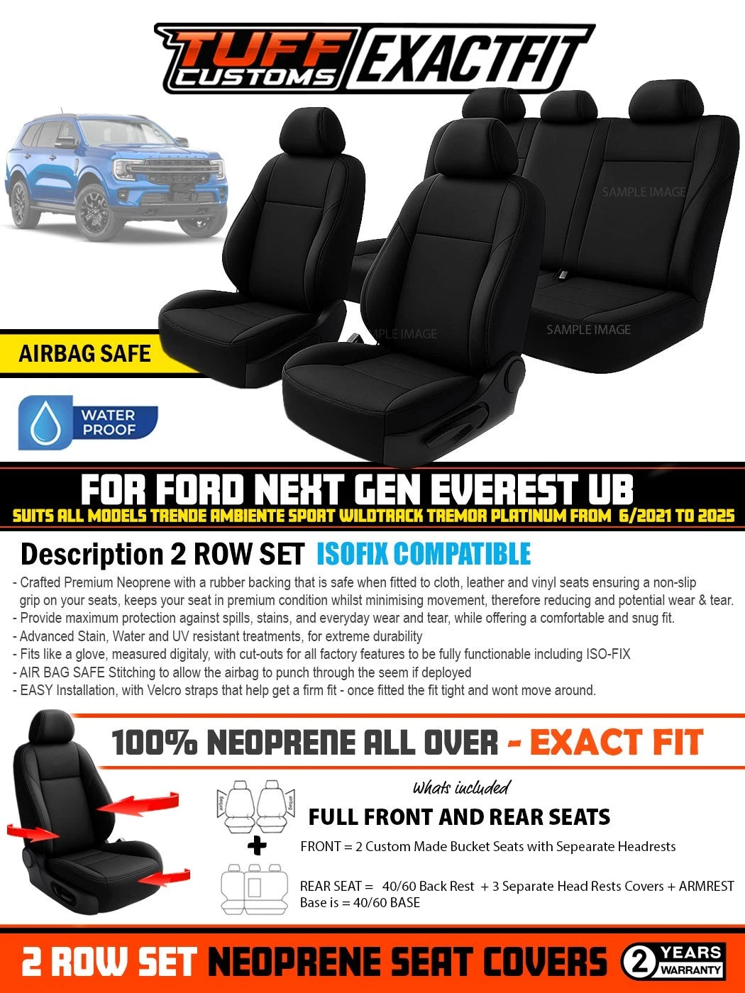 TUFF Customs EXACTFIT Neoprene Seat Covers FORD NEXT GEN Everest Platinum Wildtrack Trend Sports 2022-2026 2 Rows