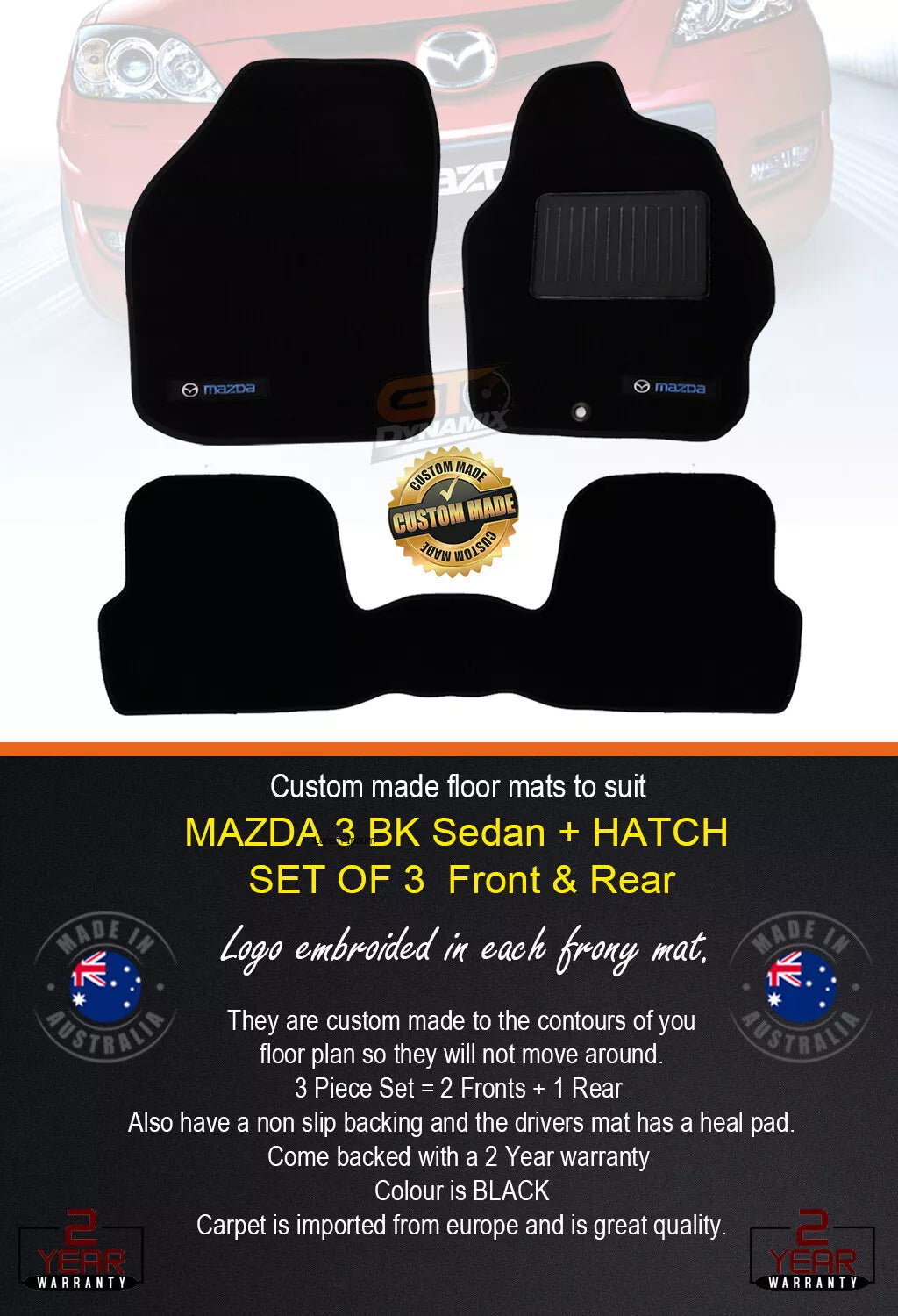 Custom Made Floor Mats 2 Rows MAZDA 3 BK SP23 Hatch Sedan 2004-2008 BLACK