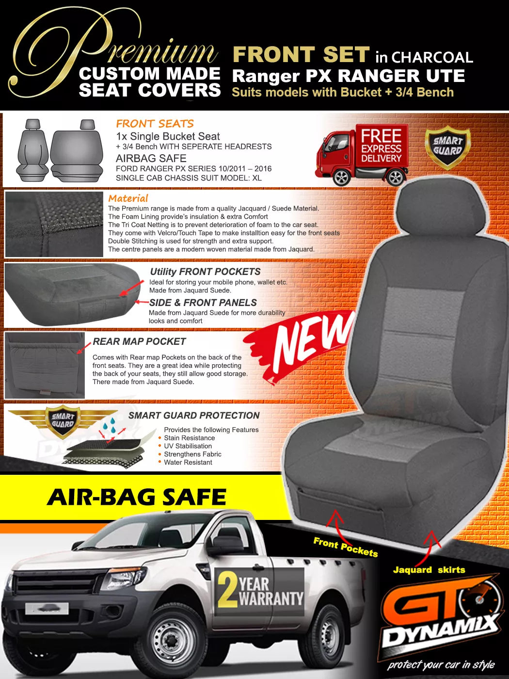 Premium Seat Covers Front Charcoal Grey For Ford Ranger PX MK1 Single CAB 11/2011-16 XL
