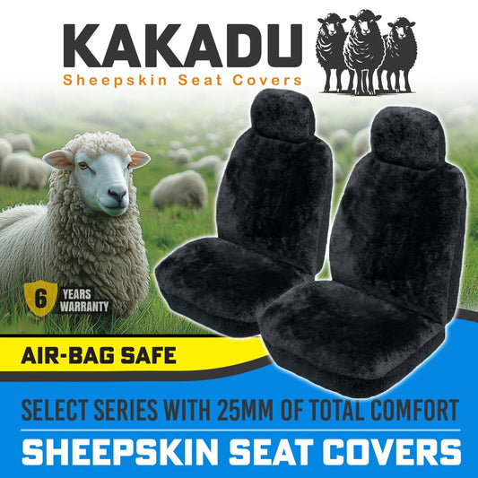 KAKADU Select Front Sheepskin Seat Covers 5 Year Warranty 25mm AIR-BAG BLACK