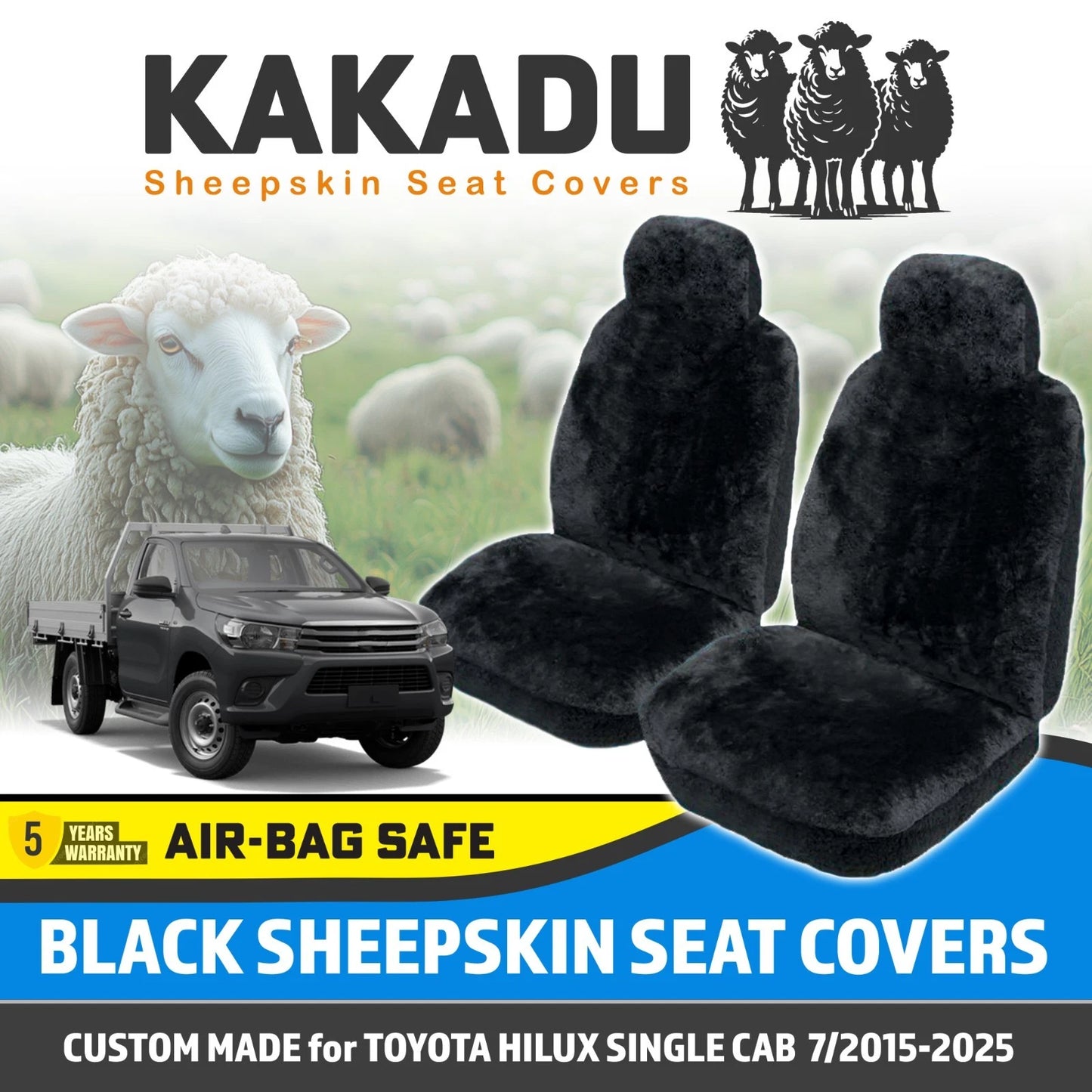 BLACK Custom KAKADU Sheepskin Seat Covers for Toyota Hilux Single Cab Workmate 2015-2025