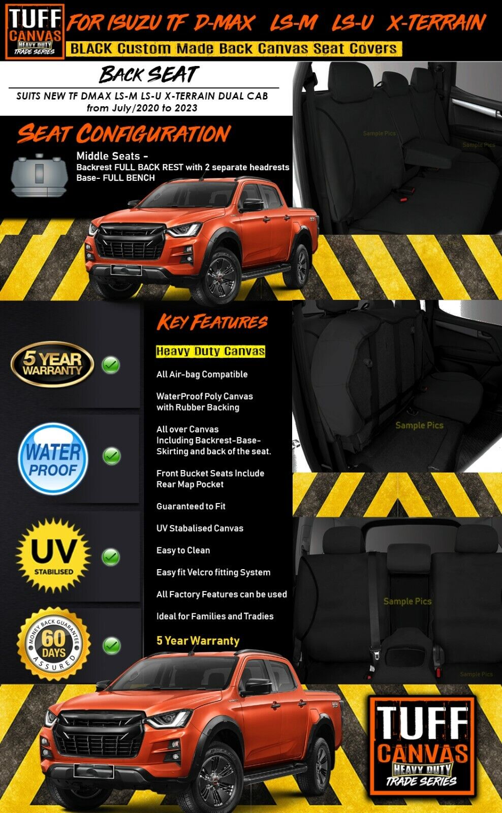 TUFF HD TRADE Canvas Seat Covers Rear For Isuzu D-MAX DMAX TF X-Terrain 7/2020-2023 Black
