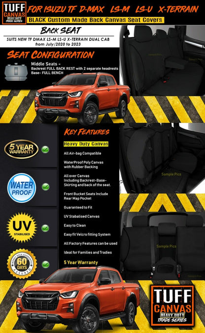 TUFF HD TRADE Canvas Seat Covers Rear For Isuzu D-MAX DMAX TF X-Terrain 7/2020-2023 Black