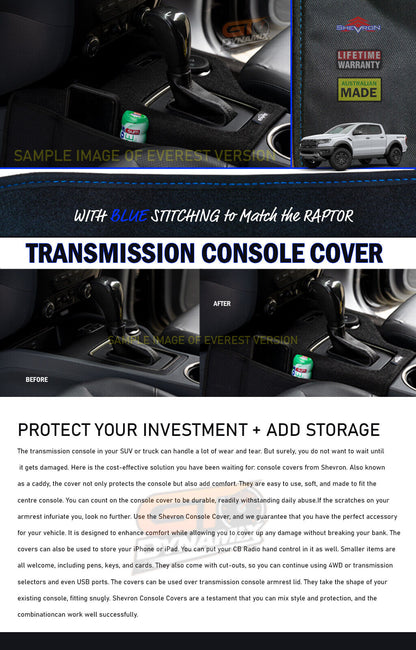 Shevron Transmission Console Cover + Blue Stitching For Ford Ranger PX2 PX3 4WD 6/2015-4/2022