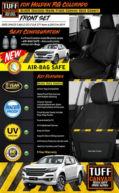 TUFF HD TRADE Canvas Seat Covers Front For Holden RG Colorado Space Cab 6/2012-2019 Black