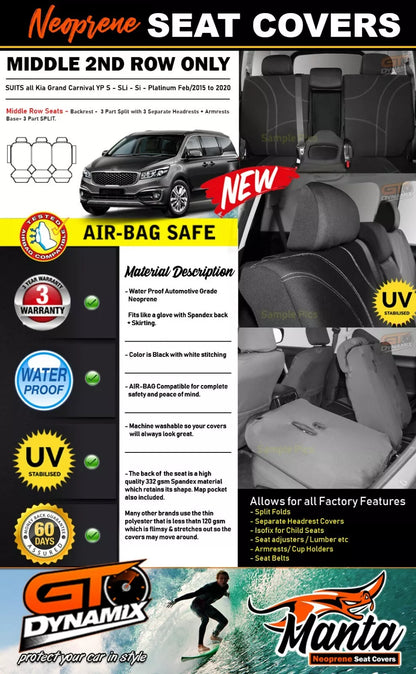 Manta Neoprene 2nd Row Seat Covers For Kia Carnival YP Si SL-i S 2/2015-9/2020