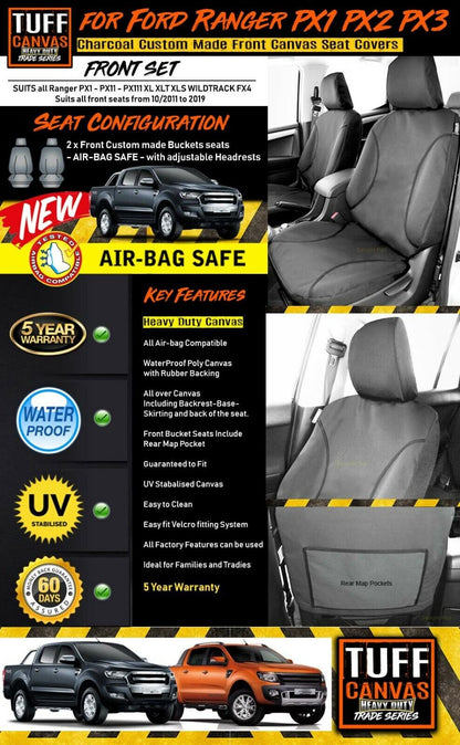 TUFF HD TRADE Canvas Seat Covers Front For Ford Ranger MK1 MK2 MK3 XLT XL 2011-22 Charcoal