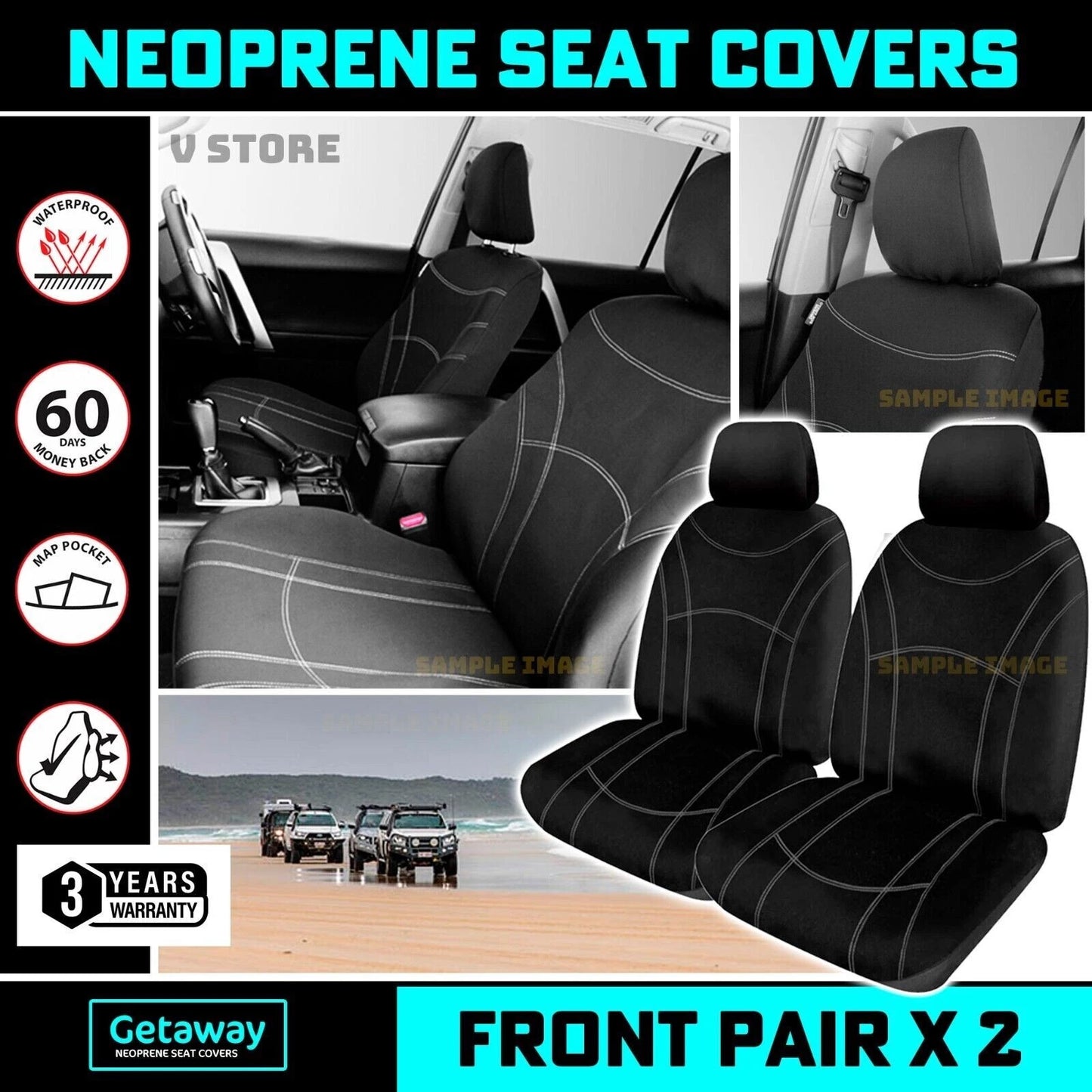 Manta Neoprene Front Seat Covers for Toyota Hilux N90 SR SR5 8/2025-2026 BLACK