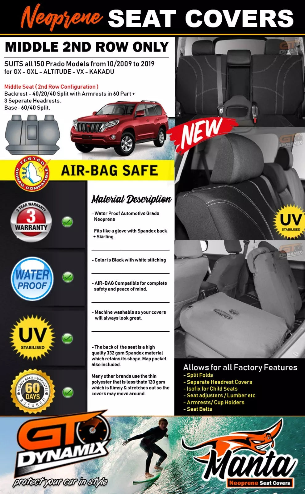 Manta Neoprene 2nd Row Seat Covers For Toyota Prado 150 2009-2025