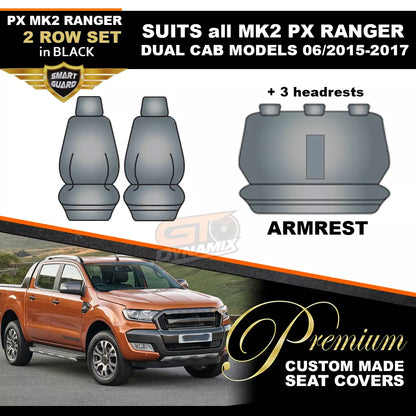 Premium Seat Covers 2 Rows Black For FORD PX2 RANGER MK2 MK3 Dual Cab XLTXL  6/2015-2022