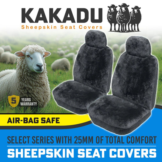 KAKADU Select Front Sheepskin Seat Covers 5 Year Warranty 25mm AIR-BAG CHARCOAL