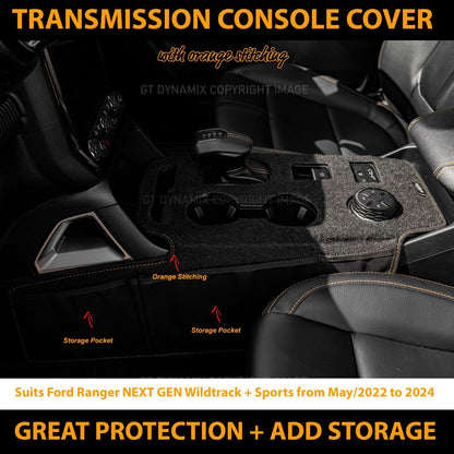 Shevron Transmission Console Cover + Orange Stitching For Ford Ranger Wildtrak Sport Small Gear Selector 5/2022-2024