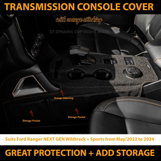 Shevron Transmission Console Cover + Orange Stitching For Ford Ranger Wildtrak Sport Small Gear Selector 5/2022-2024