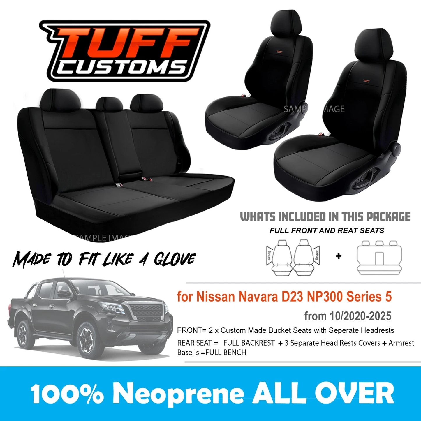 Tuff Customs Neoprene Seat Covers For Nissan Navara D23 NP300 S5 ST ST-X 10/2000-2025 2 Rows Black