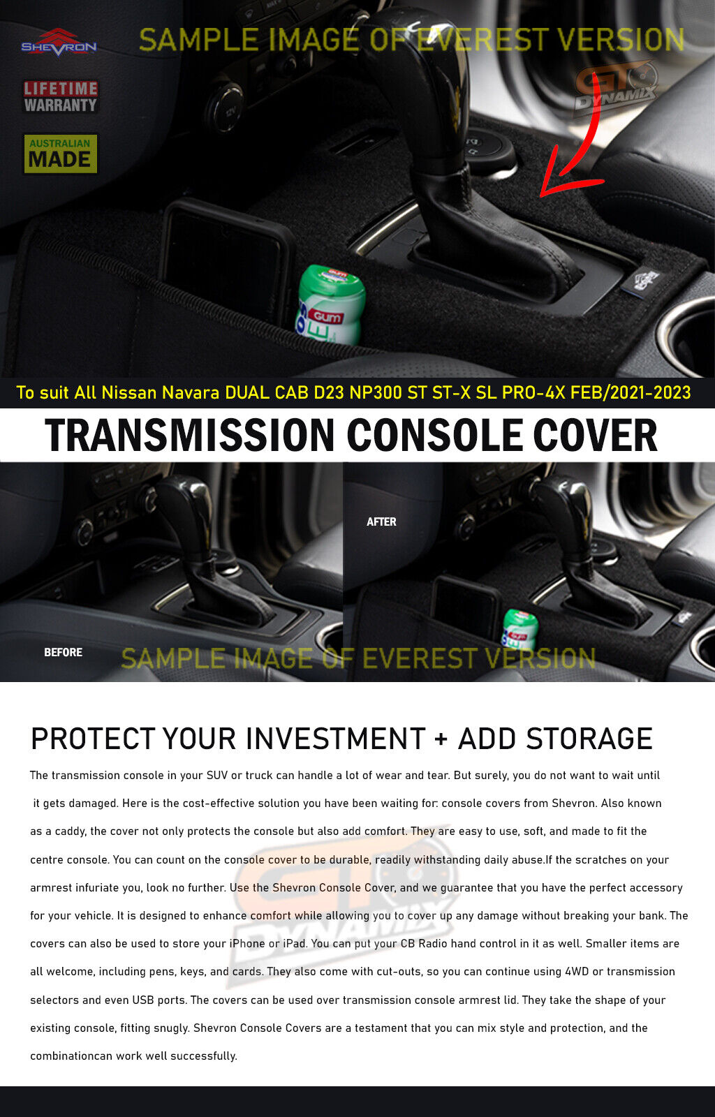 Shevron Transmission Console Cover For Nissan Navara D23 2/2021-2024